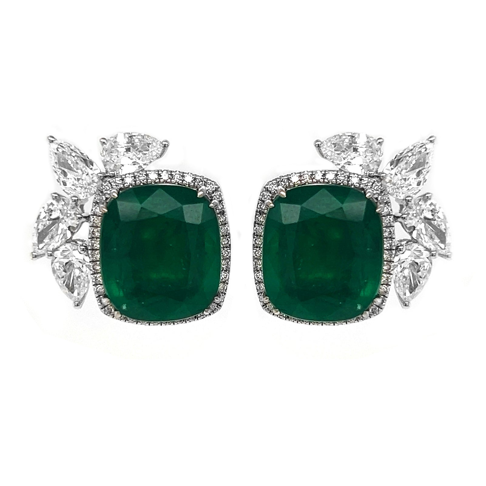 Natural Green Emerald Cushion Cut and Diamond Convertible Halo Earrings, in White Gold