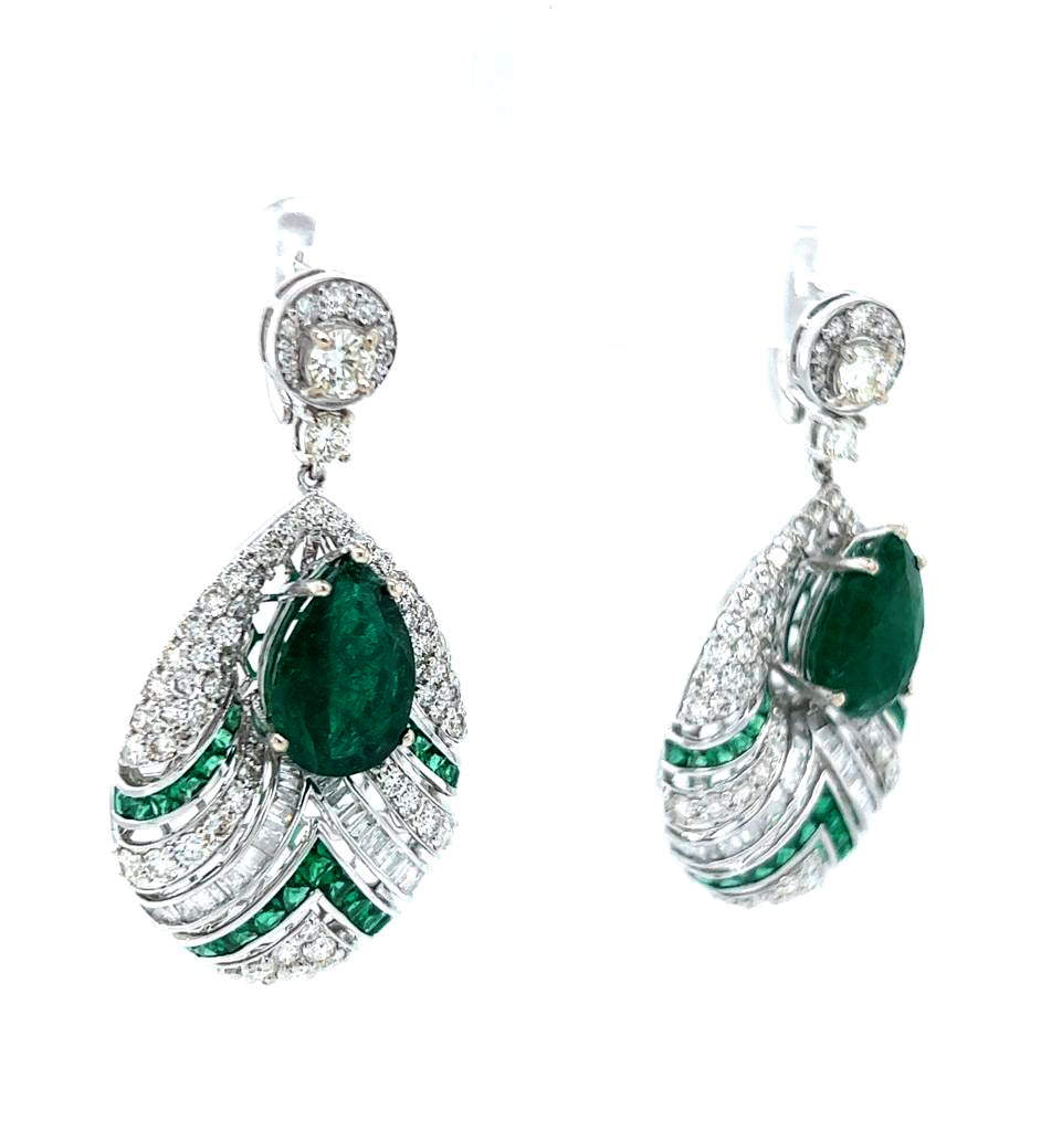 Natural Pear Shaped Green Emerald and Diamond Halo Earrings, in White Gold