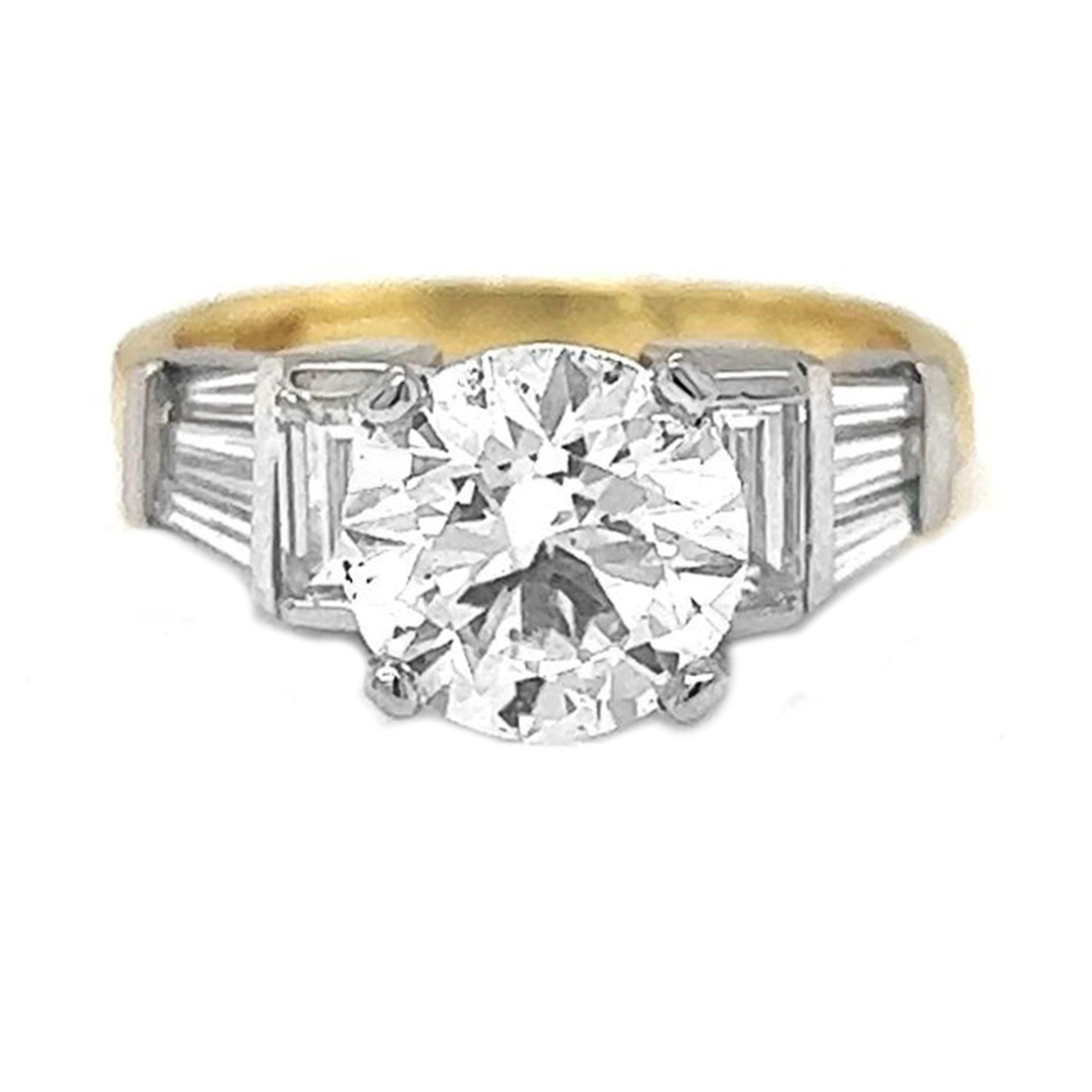 Natural Round and Baguette Cut Diamond Bridal Ring Yellow Gold GIA