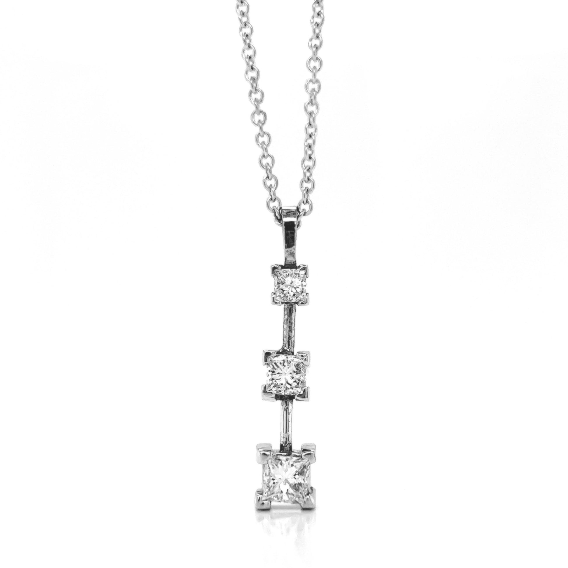 Natural Mined Princess Cut Diamond Three Stone Pendant Necklace White Gold
