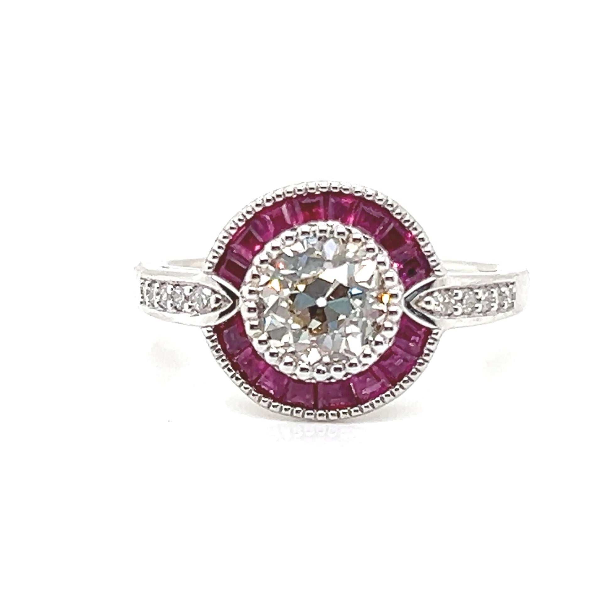 Natural Diamond and Ruby Halo Cocktail Art Deco Ring, inWhite Gold