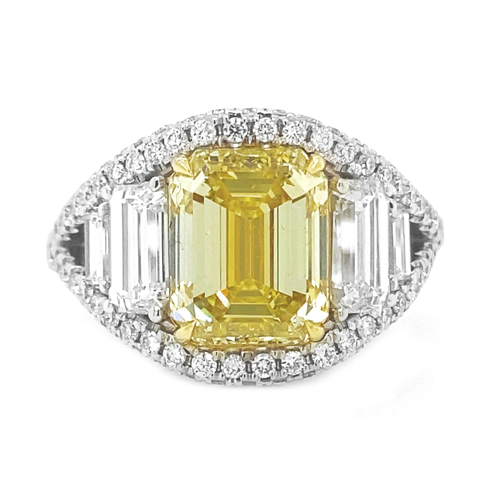Natural Emerald Cut Fancy Yellow Diamond Halo Ring, in White Gold
