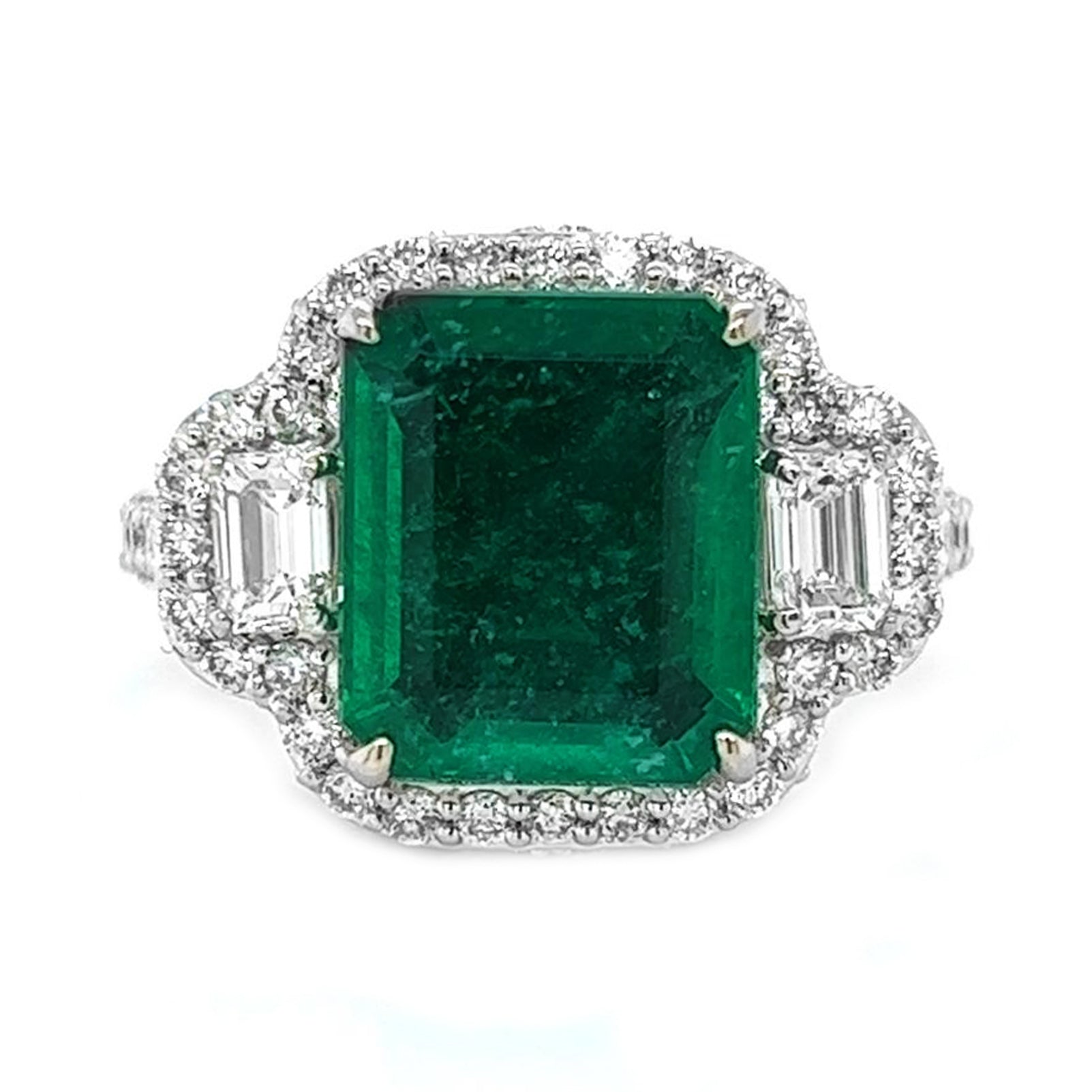 Natural Emerald Cut Green Emerald and Diamond 3 Stone Ring, in White Gold