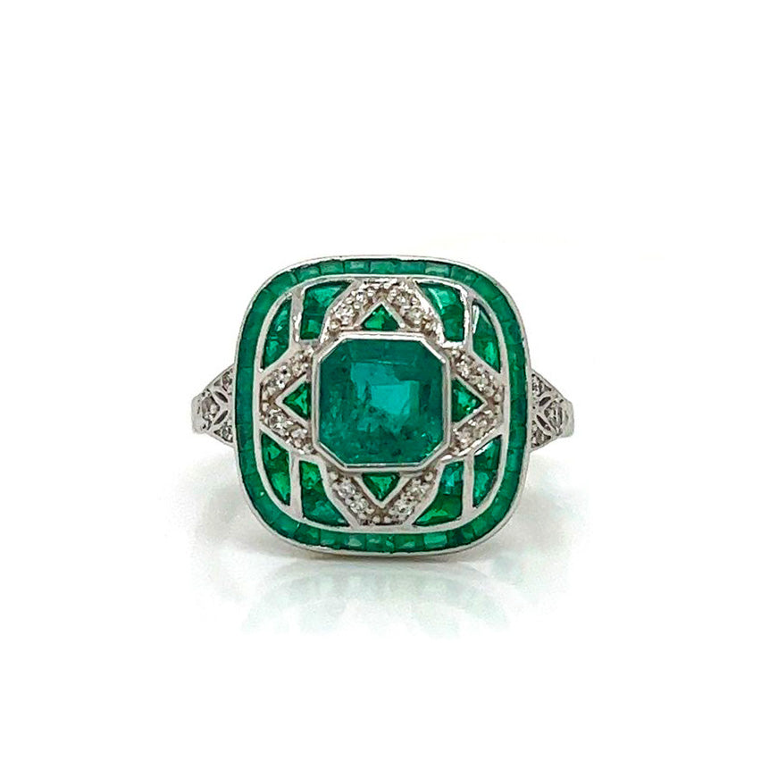 Natural Emerald Diamond Cocktail Art Deco Ring, in White Gold