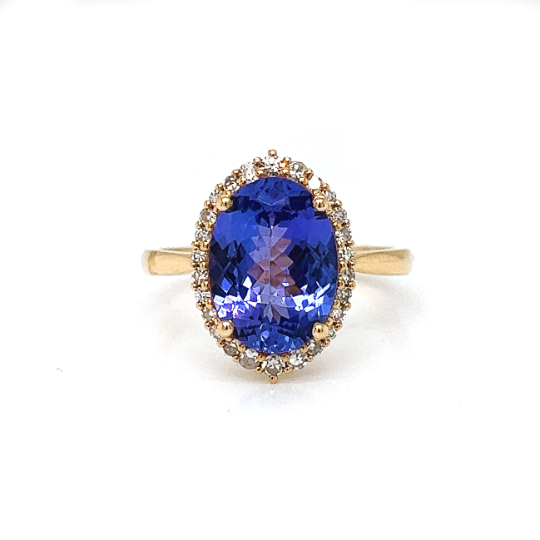 Natural Tanzanite and Diamond Halo Floral Ring, in Yellow Gold