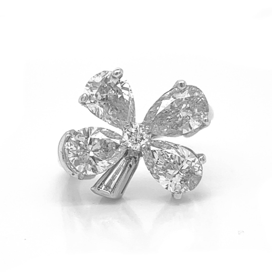 Natural Pear Shaped Baguette, and Round Four Leaf Cocktail Platinum Ring - Pre-owned