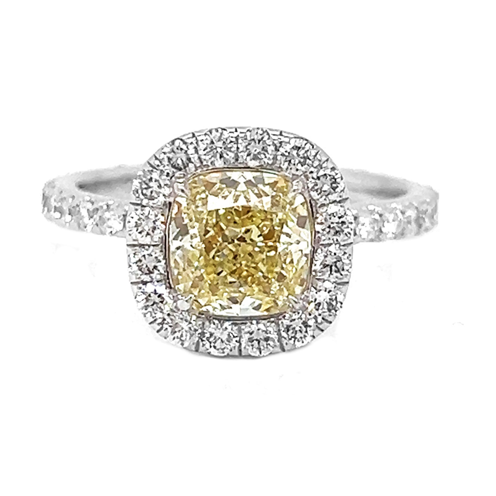 Natural Cushion Cut Fancy Yellow Diamond Halo Ring, in White Gold