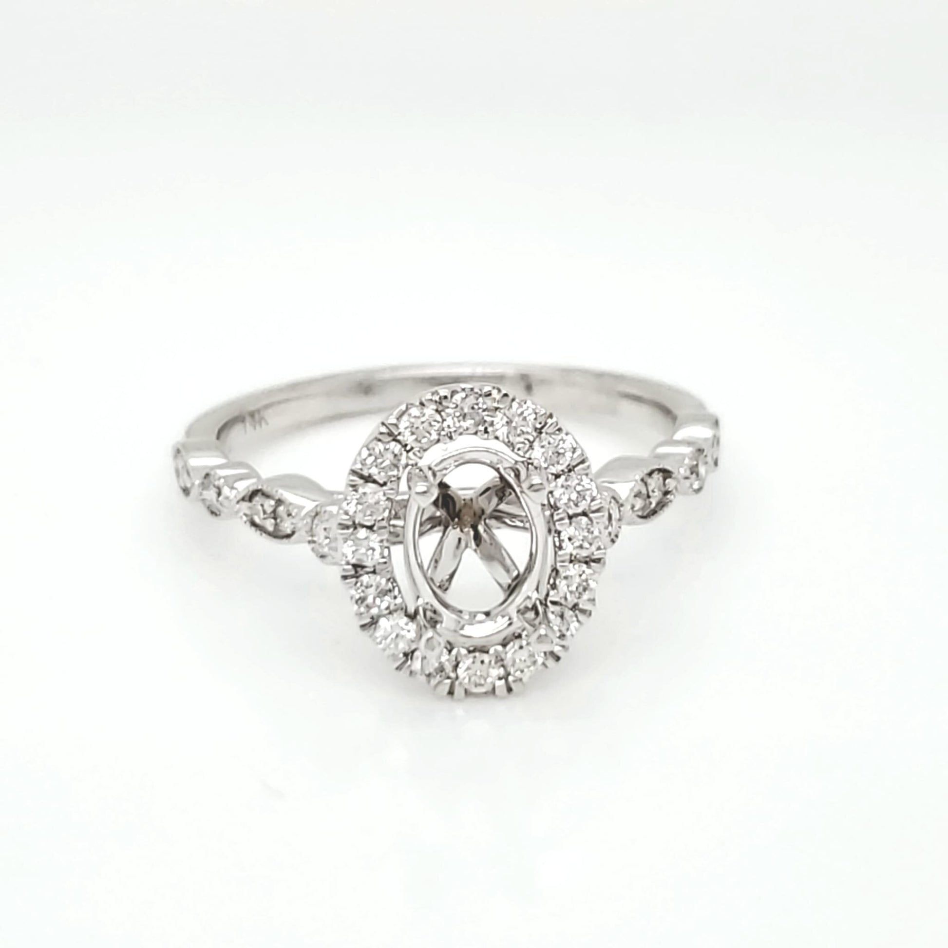 Semi-Mount Fits 7 x 5 mm with Natural Round Diamond Halo Ring, in White Gold