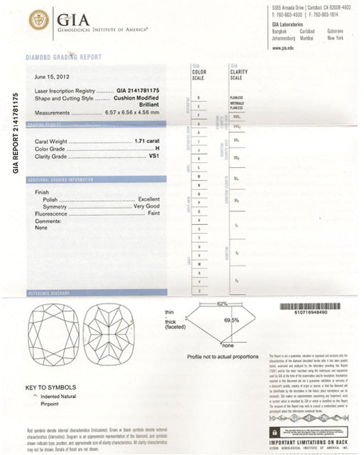 1.71 ct Diamond Cushion Cut H VS1 (GIA) 2141781175