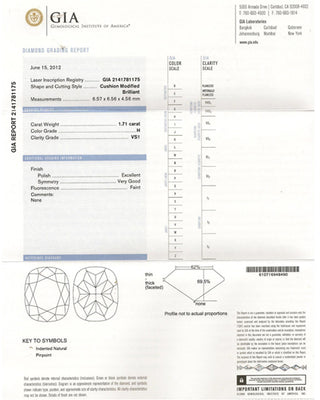 1.71 ct Diamond Cushion Cut H VS1 (GIA) 2141781175