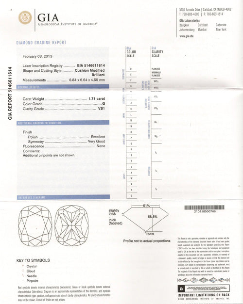 1.71 ct Diamond Cushion Cut G VS1 (GIA) 5146611614