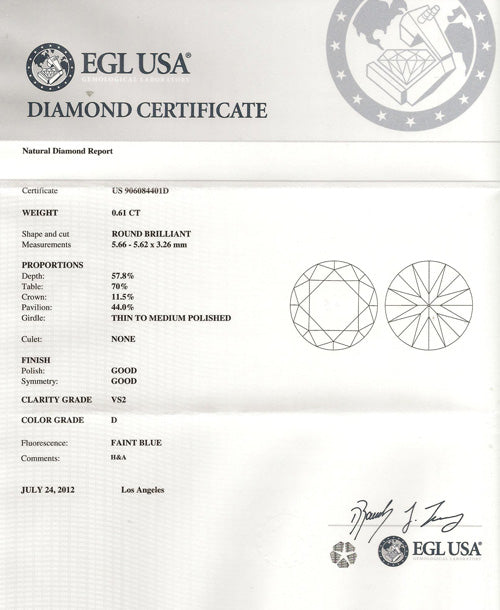 0.61 ct Diamond Round Cut D VS2 (EGLUSA) US 906084401D