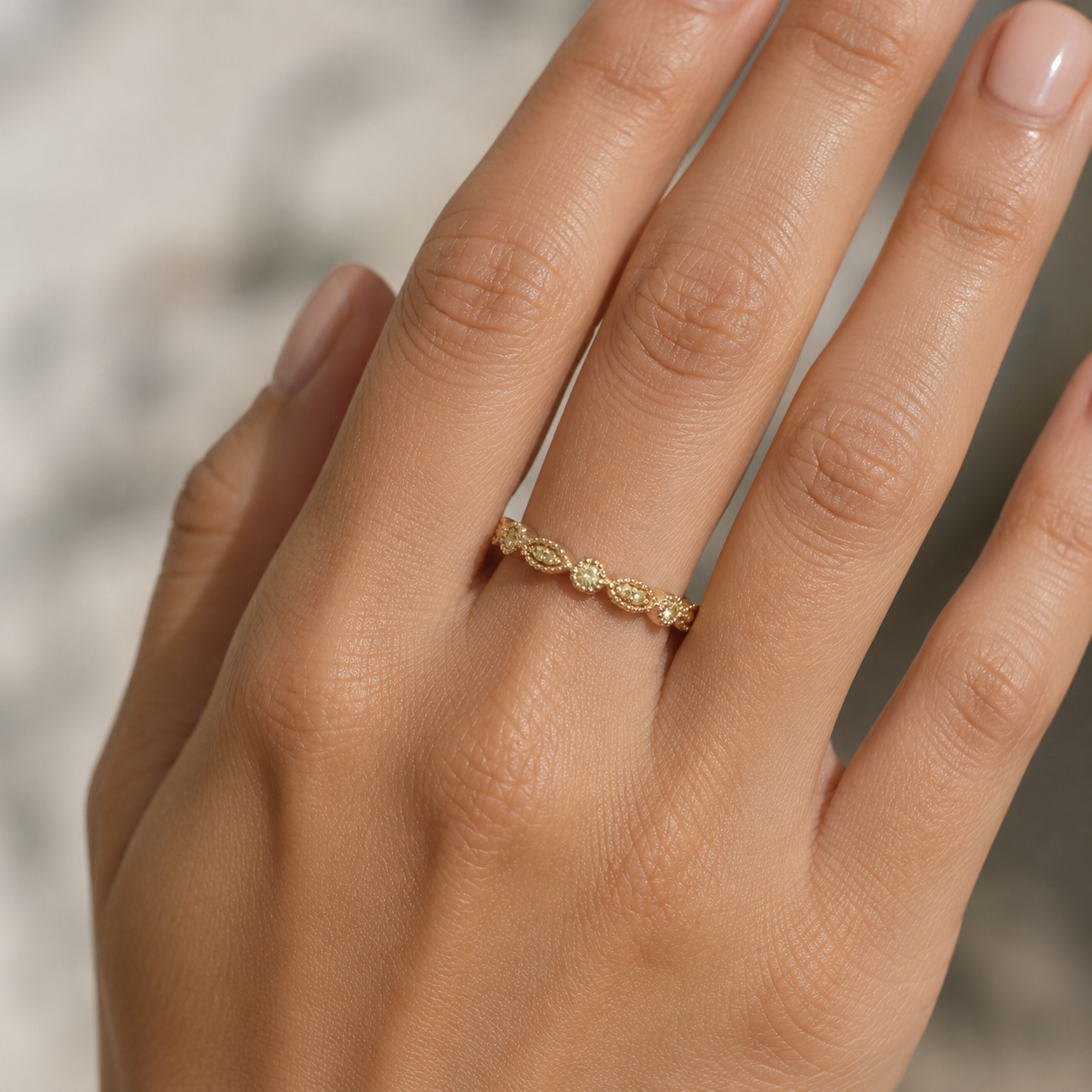 Natural Fancy Yellow Diamond Milgrain Beaded Ring 18KT Yellow Gold