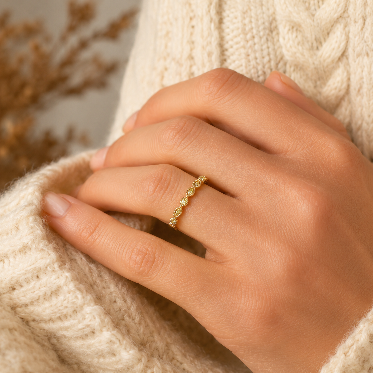 Natural Fancy Yellow Diamond Milgrain Beaded Ring 18KT Yellow Gold