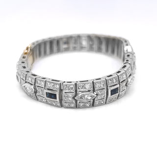 Natural Mined Diamond with Blue Sapphire Art Deco Cocktail Platinum Bracelet