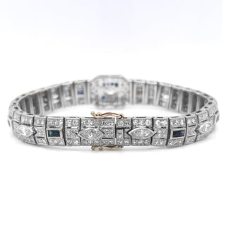 Natural Mined Diamond with Blue Sapphire Art Deco Cocktail Platinum Bracelet