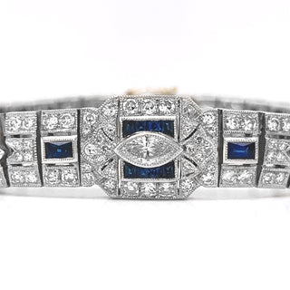 Natural Mined Diamond with Blue Sapphire Art Deco Cocktail Platinum Bracelet
