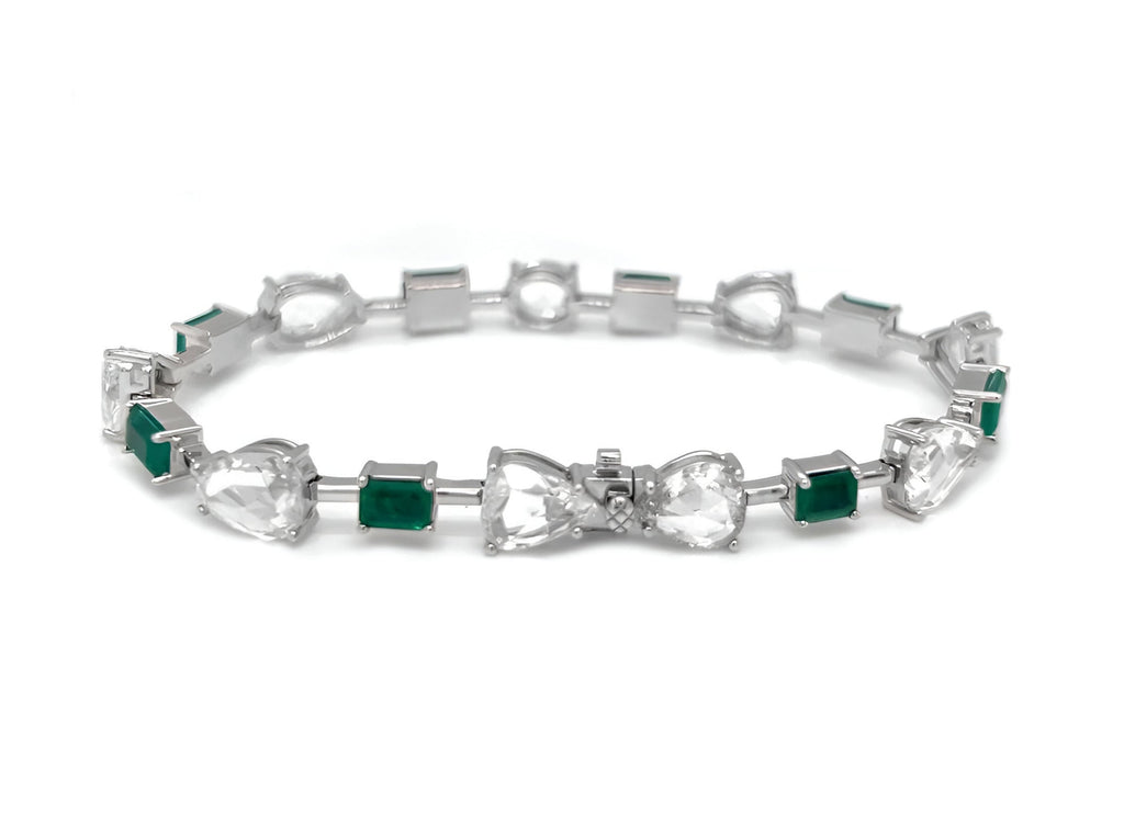Natural Emerald Cut Green Emerald and Rose Cut Diamond Link Bracelet White Gold