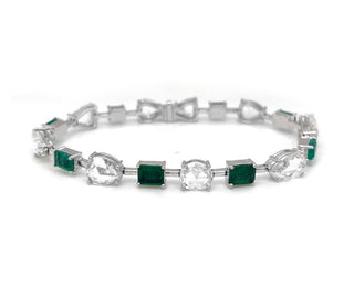 Natural Mined Emerald Cut Green Emerald and Rose Cut Diamond Link Bracelet White Gold