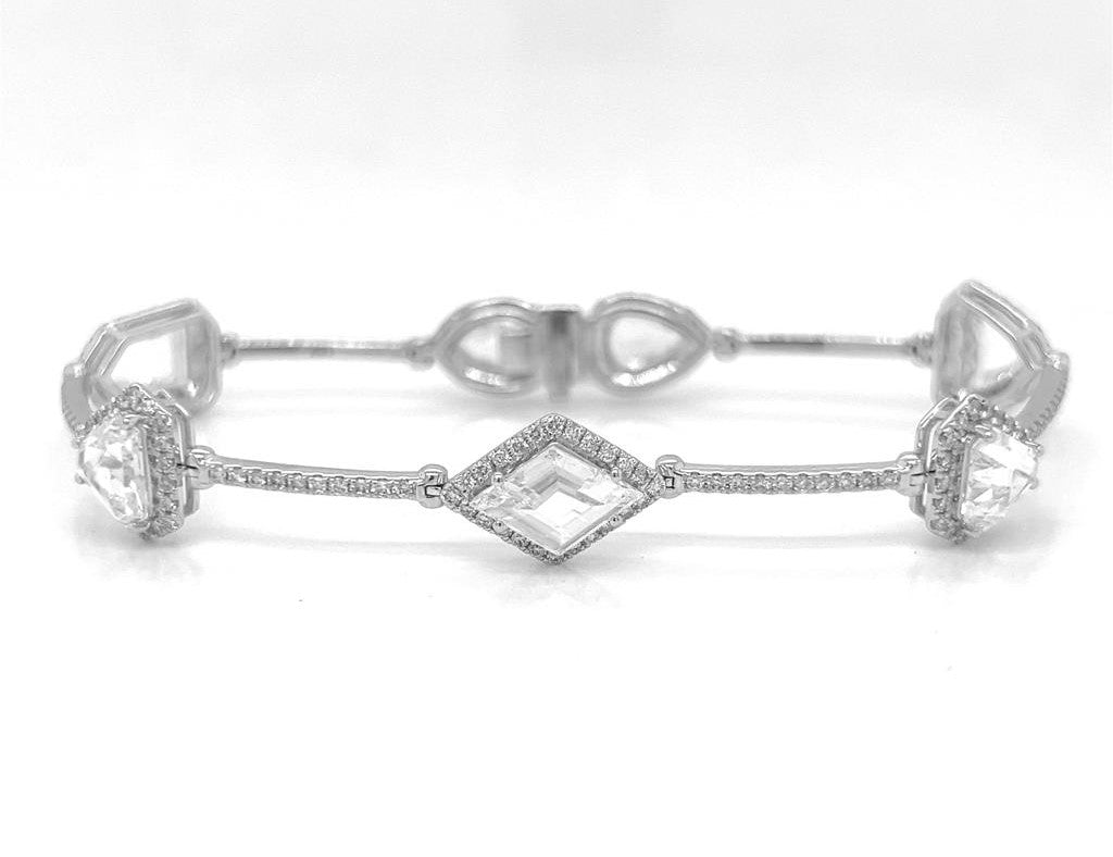 Natural Step-Cut and Pear Shape Diamond with Melee's Link Bracelet, in White Gold