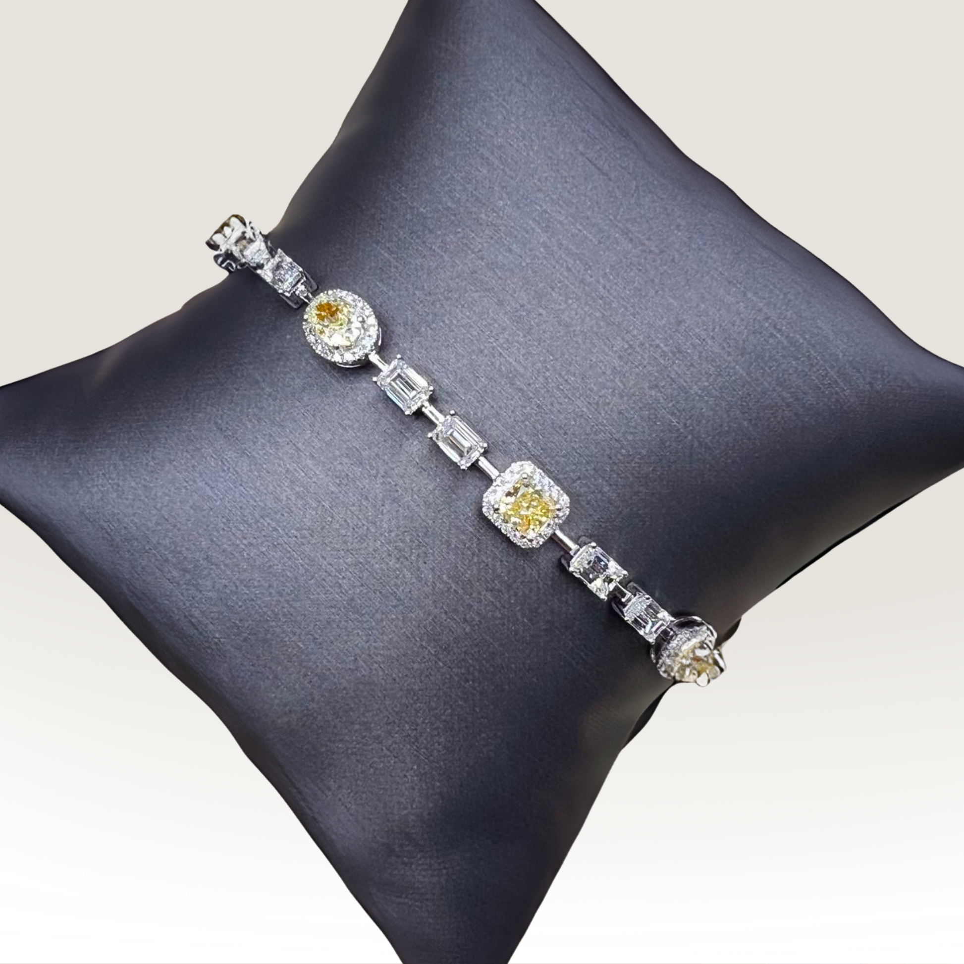 Natural Fancy Yellow Diamond with Emerald Cut Diamond Link Bracelet, in White Gold