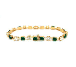 Natural Mined Emerald and Diamond Link Bracelet Yellow Gold