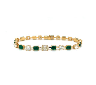 Natural Mined Emerald and Diamond Link Bracelet Yellow Gold