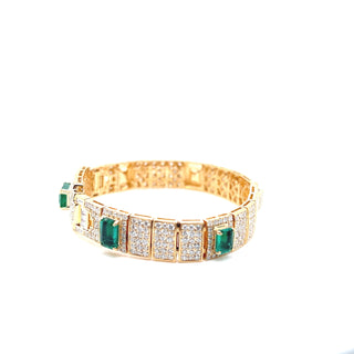 Natural Mined Emerald Diamond Art Deco Cocktail Bracelet Yellow Gold