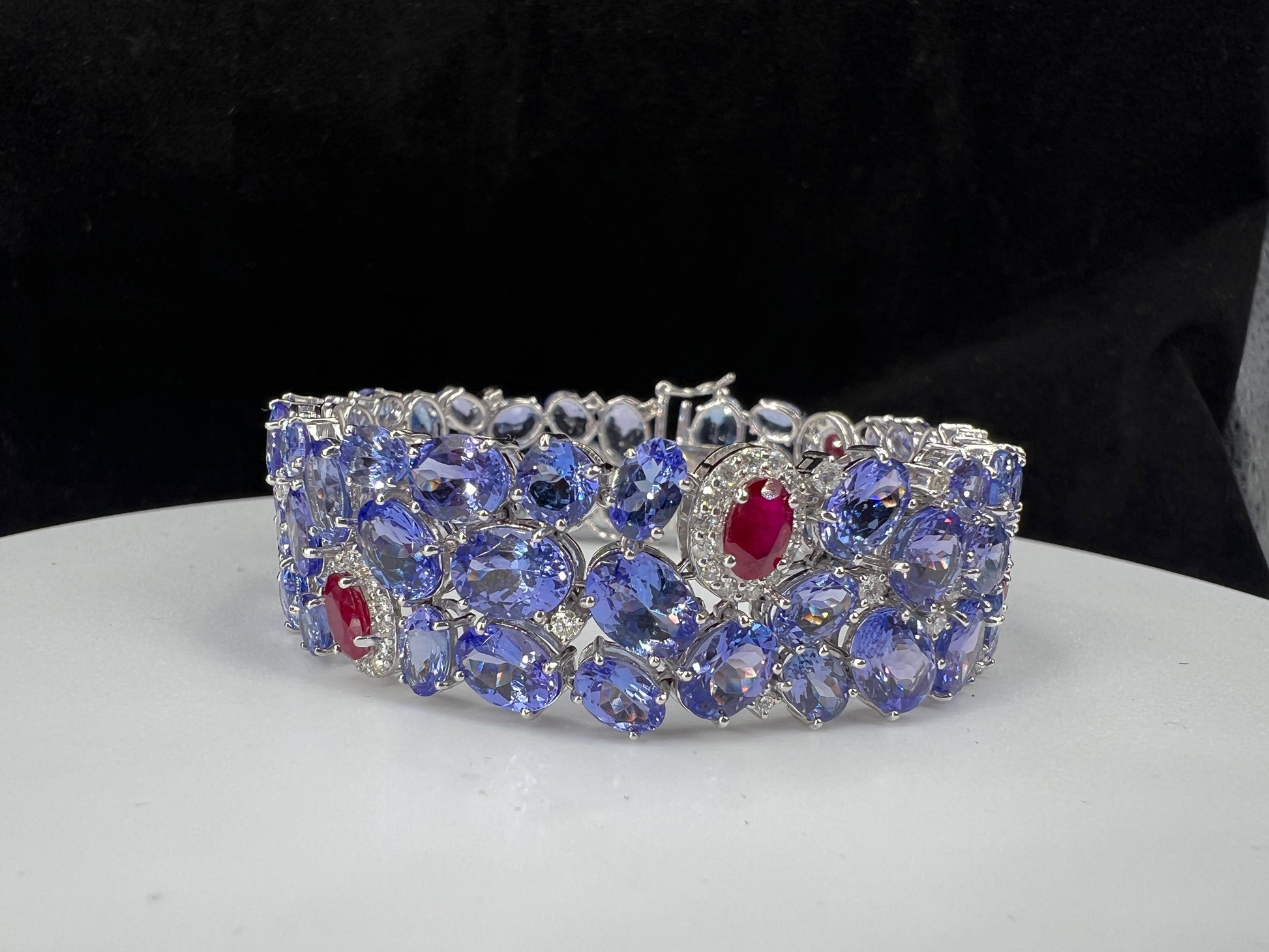 Natural Tanzanite Diamond and Ruby Cocktail Bracelet, in White Gold
