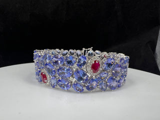 Natural Mined Tanzanite Diamond and Ruby Cocktail Bracelet White Gold