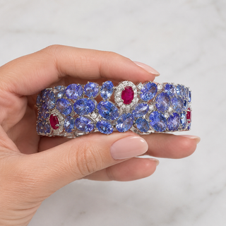 Natural Tanzanite Diamond and Ruby Cocktail Bracelet 14KT White Gold