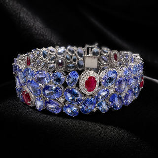 Natural Tanzanite Diamond and Ruby Cocktail Bracelet 14KT White Gold