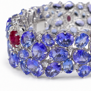 Natural Tanzanite Diamond and Ruby Cocktail Bracelet 14KT White Gold