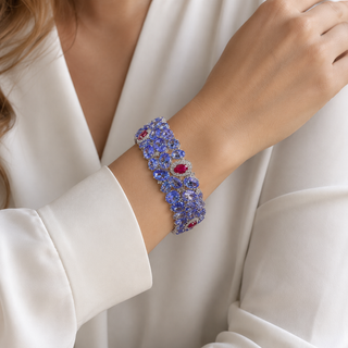 Natural Tanzanite Diamond and Ruby Cocktail Bracelet 14KT White Gold