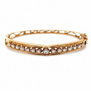 Natural Cushion and Oval Diamond Vintage Bangle 14KT Yellow Gold