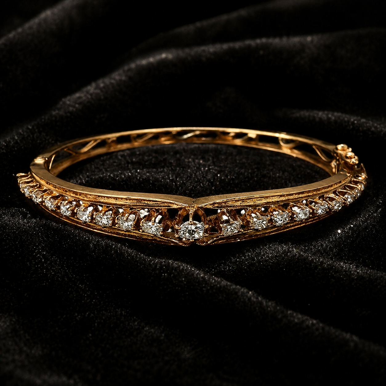 Natural Cushion and Oval Diamond Vintage Bangle 14KT Yellow Gold
