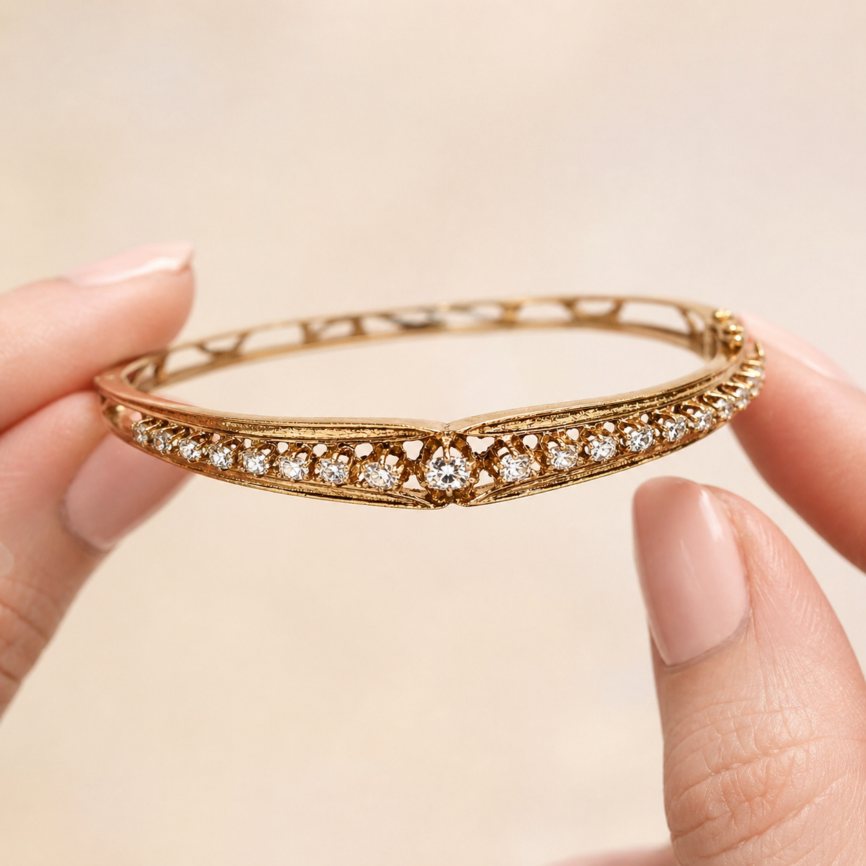 Natural Cushion and Oval Diamond Vintage Bangle 14KT Yellow Gold
