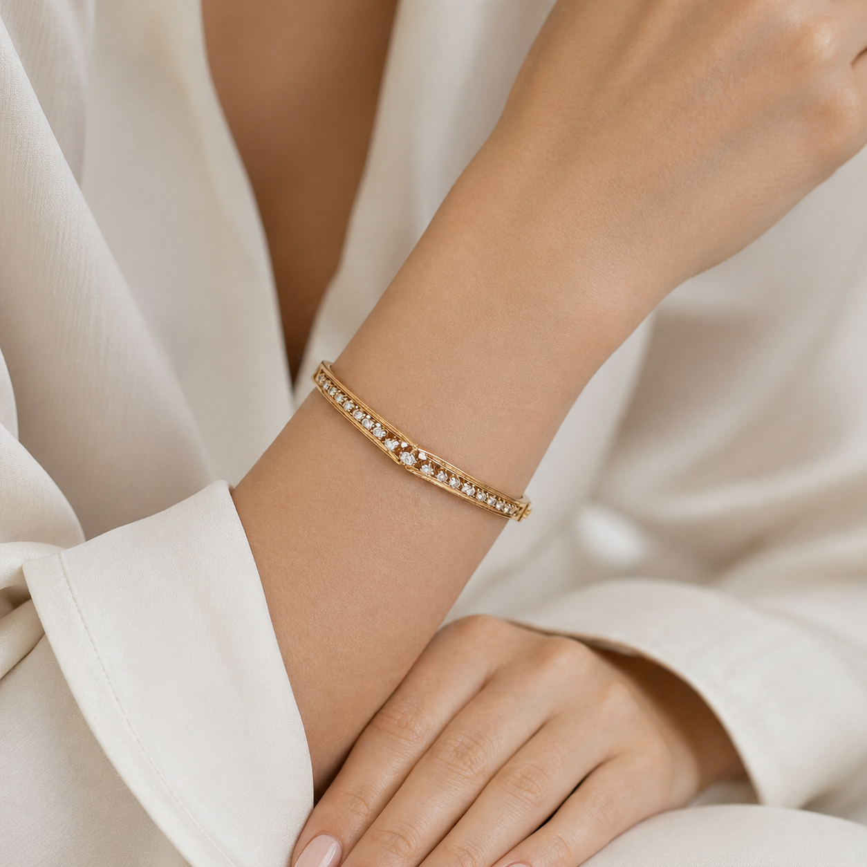 Natural Cushion and Oval Diamond Vintage Bangle 14KT Yellow Gold