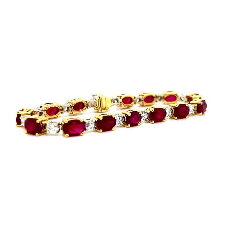 Natural Burma Ruby and Diamond Tennis Bracelet, in Yellow Gold - Pre-owned