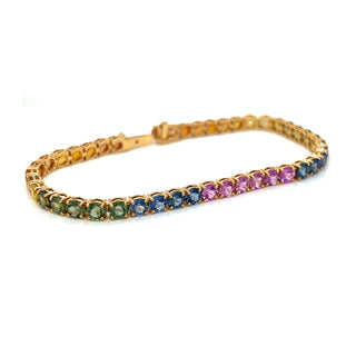 Natural Mined Round Sapphire Multi-Color Rainbow Bracelet Yellow Gold