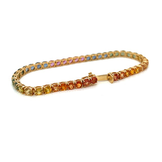 Natural Mined Round Sapphire Multi-Color Rainbow Bracelet Yellow Gold