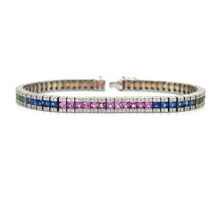 Natural Diamond and Princess Cut Sapphire Bracelet, in White Gold