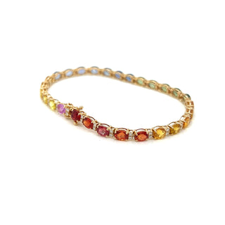 Natural Mined Oval Sapphires Multi-color Rainbow and Round Diamond Bracelet Yellow Gold