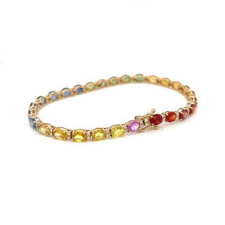 Natural Mined Oval Sapphires Multi-color Rainbow and Round Diamond Bracelet Yellow Gold