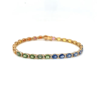 Natural Mined Oval Sapphires Multi-color Rainbow and Round Diamond Bracelet Yellow Gold