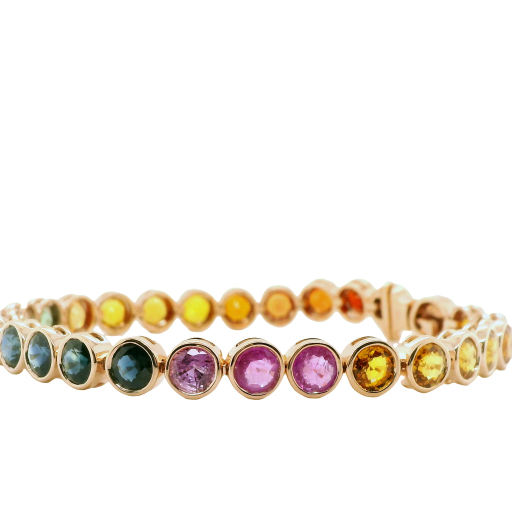 Multi-Colored Rainbow Natural Sapphire Single Line Bezel Bracelet, in Rose Gold