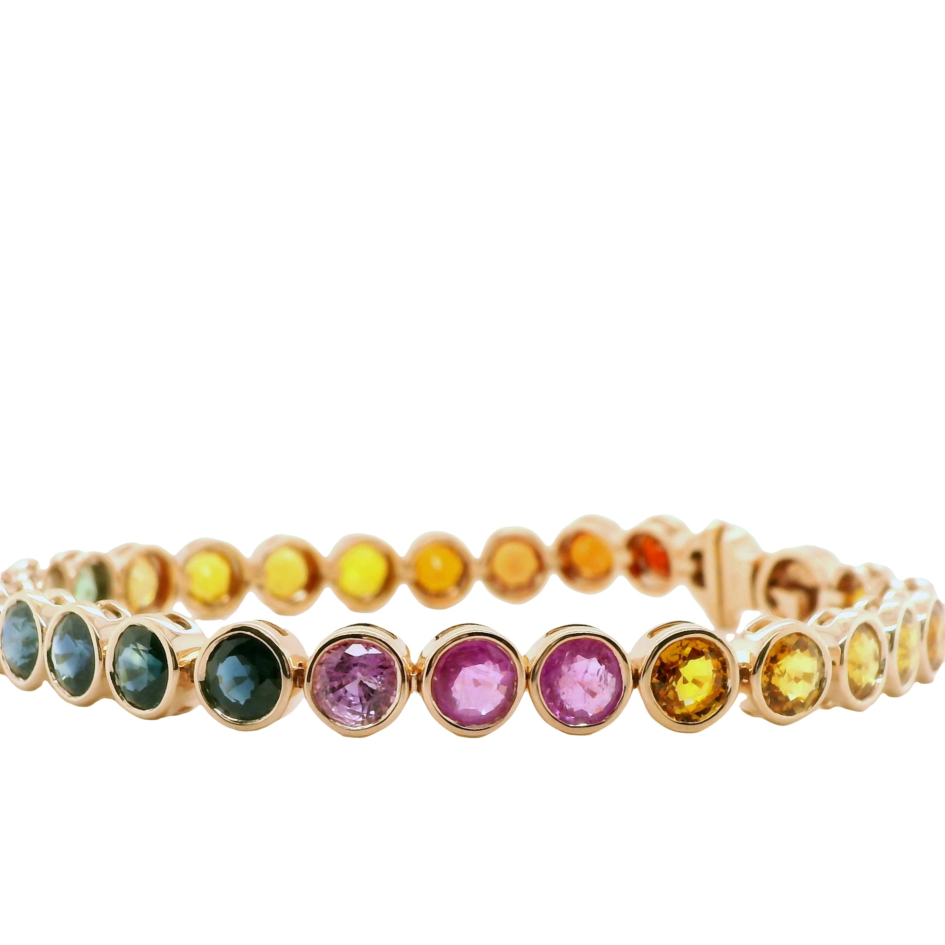Multi-Colored Rainbow Natural Sapphire Single Line Bezel Bracelet, in Rose Gold