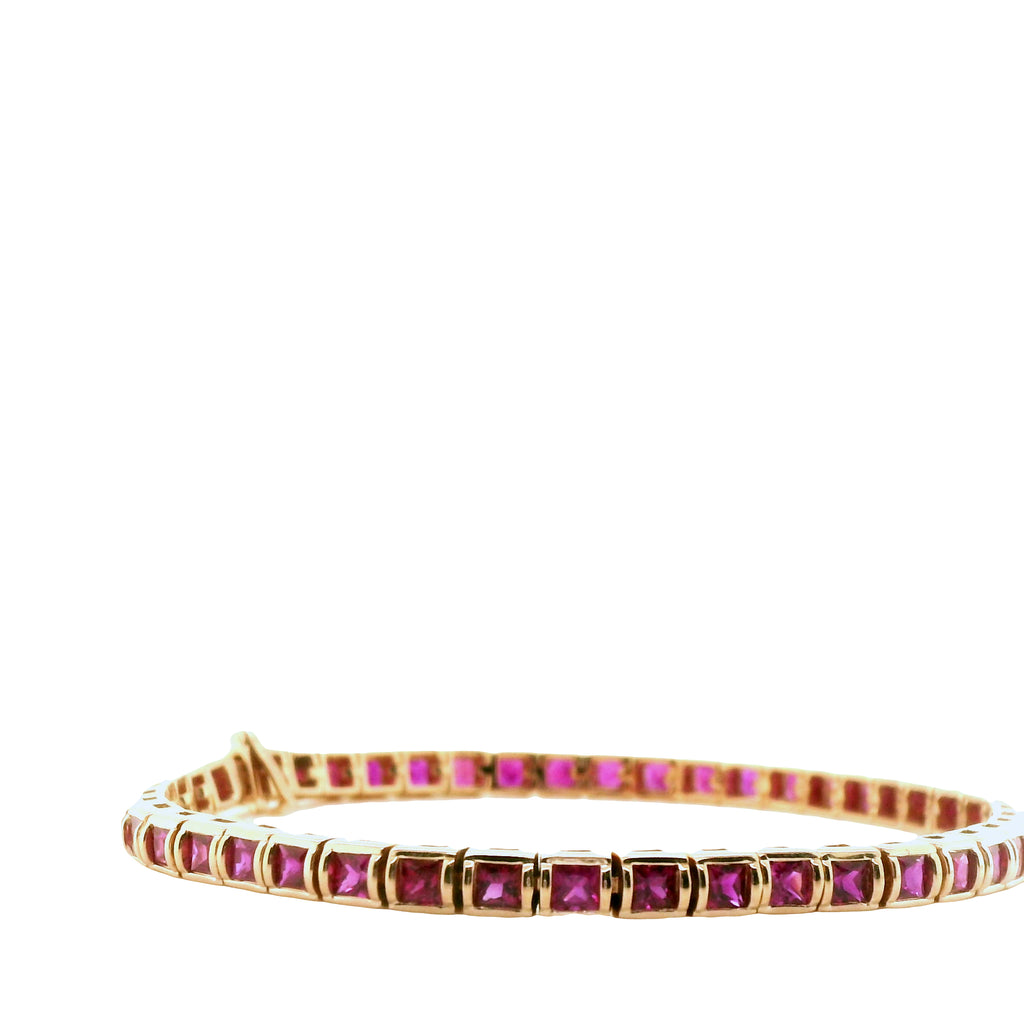 Natural Princess Cut Ruby Single Line Bracelet, in Yellow Gold