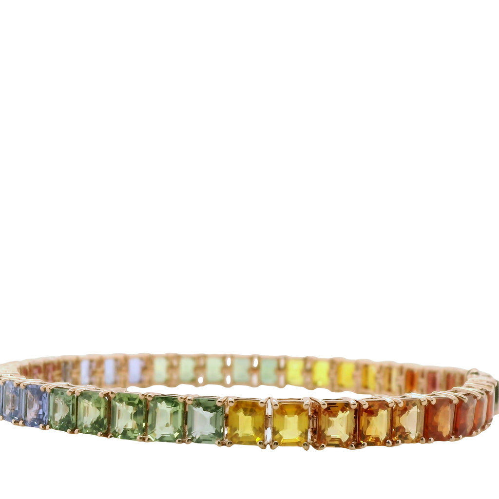 Natural Emerald Cut Multi-Colored Rainbow Sapphire Single Line Bracelet, in Yellow Gold
