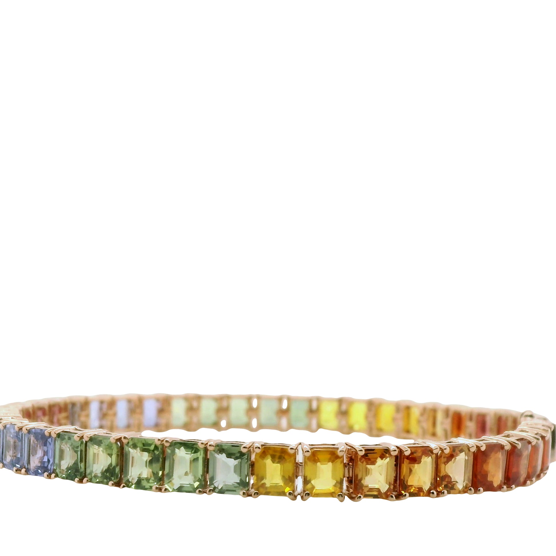 Natural Emerald Cut Multi-Colored Rainbow Sapphire Single Line Bracelet, in Yellow Gold